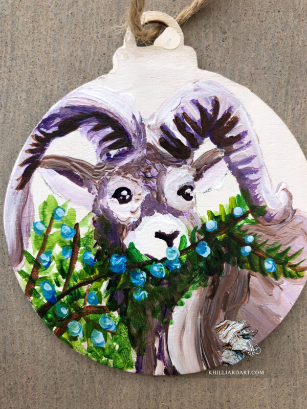 Ornament Big Horn with Juniper 2 | Karen Hilliard Art | Ornament | Original | Acrylic Painting
