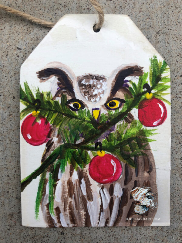 Ornament Owl with 3 Ornaments | Karen Hilliard Art | Original Acrylic Painting